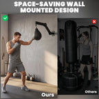 Wall-mounted speed bag with black hanging bag and angled support arm for training