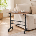 Sofa side table with rustic brown surface, black metal supports, and caster wheels