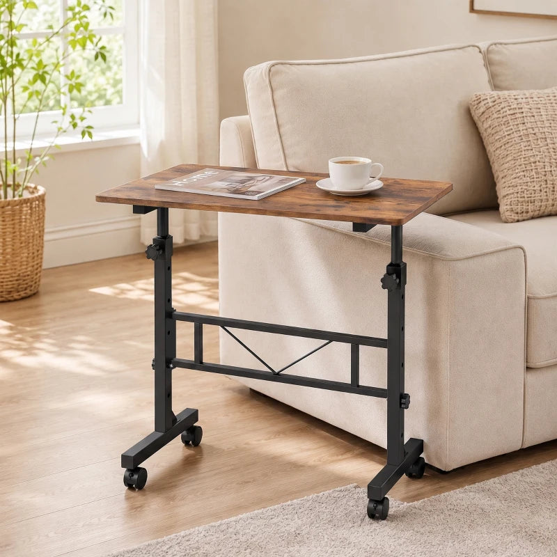 Sofa side table with rustic brown surface, black metal supports, and caster wheels