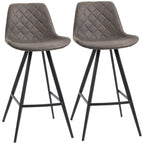 Set of 2 dark grey quilted bar stools with padded seats, steel legs, and footrests