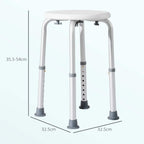 White shower stool with round seat, height-adjustment holes, and rubber feet