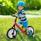 Red kids balance bike with black seat and white-rim EVA tires, plus stabilizers