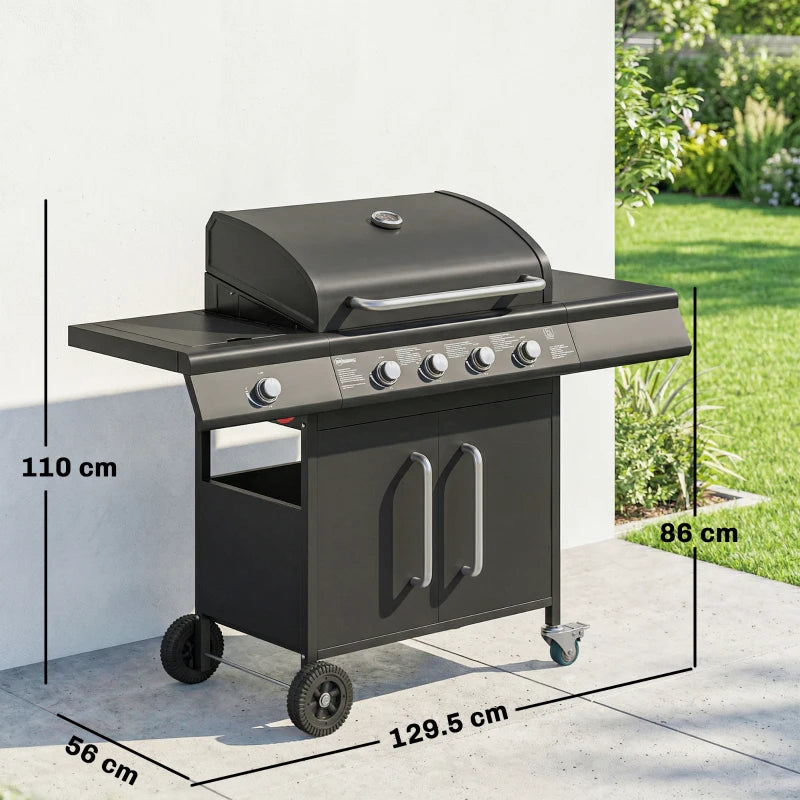 Black gas grill trolley with side table and storage cabinet, four wheels