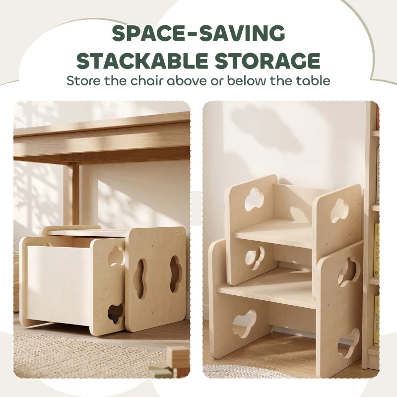 Stackable natural wood toddler chairs with cutout panels, chairs store above or below