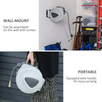 White wall-mounted retractable air hose reel with coiled hose and brass quick connector