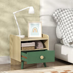 Kids bedside table with open shelf and green drawer, light wood frame and legs