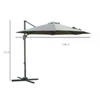 Charcoal grey cantilever parasol on a dark grey base with height measurement