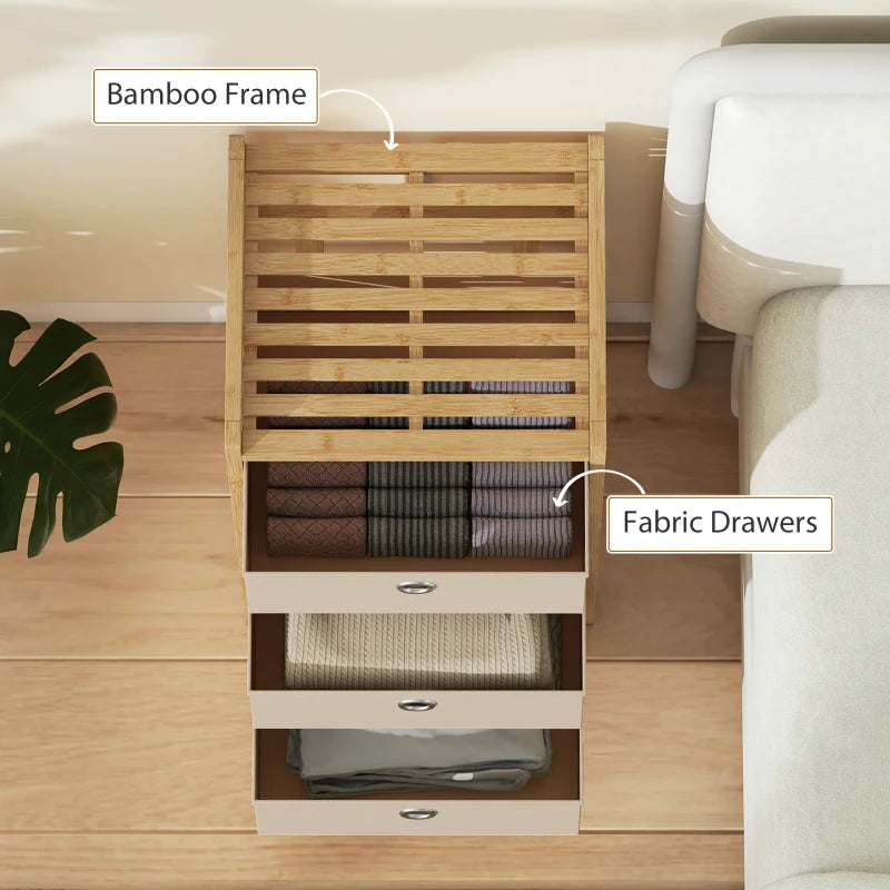 Bamboo-framed cream dresser with three fabric drawers open, fabric compartments visible