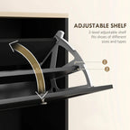 Black shoe cabinet showing adjustable, hinged shelf supports inside the flip rack