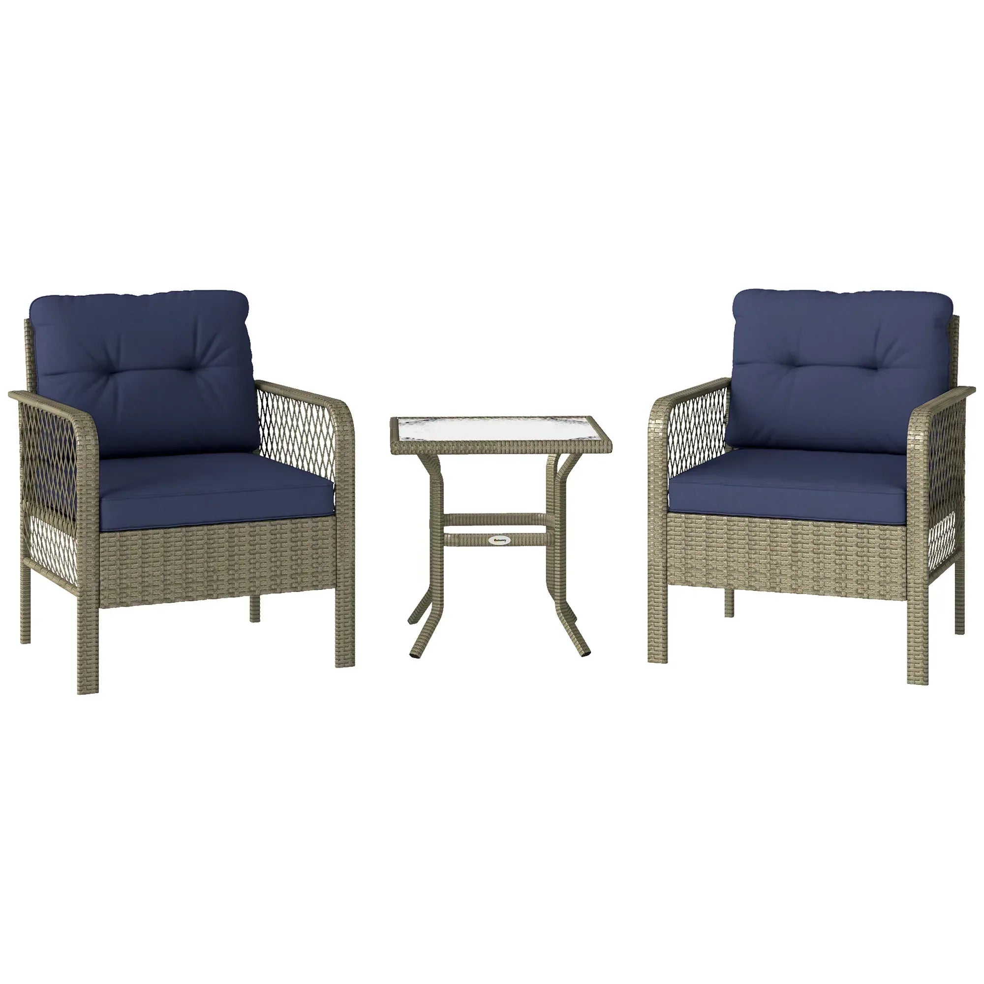 3 Pieces Rattan Bistro Set with Glass Top Coffee Table, Chairs and Cushions for Outdoor, Patio, Balcony, Charcoal Grey - Bobobiy