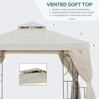 Beige double-roof gazebo tent showing vented soft top and attached side curtain