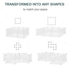 White modular plastic pet playpen panels shown in different shapes and layouts