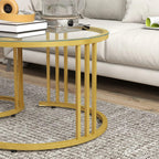Gold round nesting coffee table set showing steel frame and clear tempered glass top