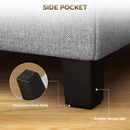 Light grey linen ottoman with side pocket and protective foot pads on dark legs