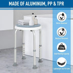 Light blue round shower stool with white aluminium legs and circular seat.