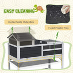 Gray tortoise enclosure with detachable hide box and fixed plastic tray for cleaning