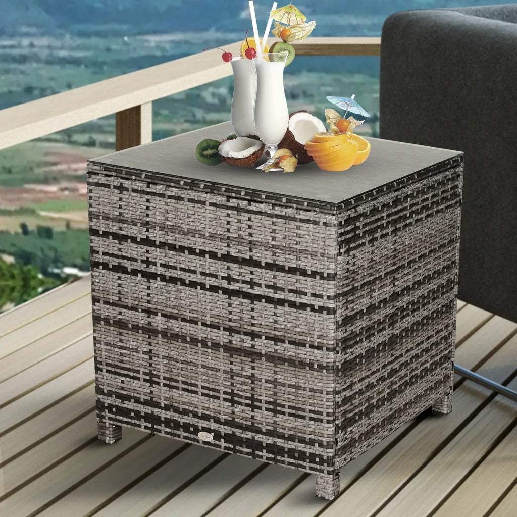 Square PE Rattan Garden Table, with Glass Table Top - Grey - Bobobiy