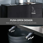 Black cabinet front with push-open drawer and door, two drawers and two cabinets