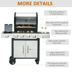 Gas barbecue grill detailed view with warming rack, stainless side panel, and storage cabinet