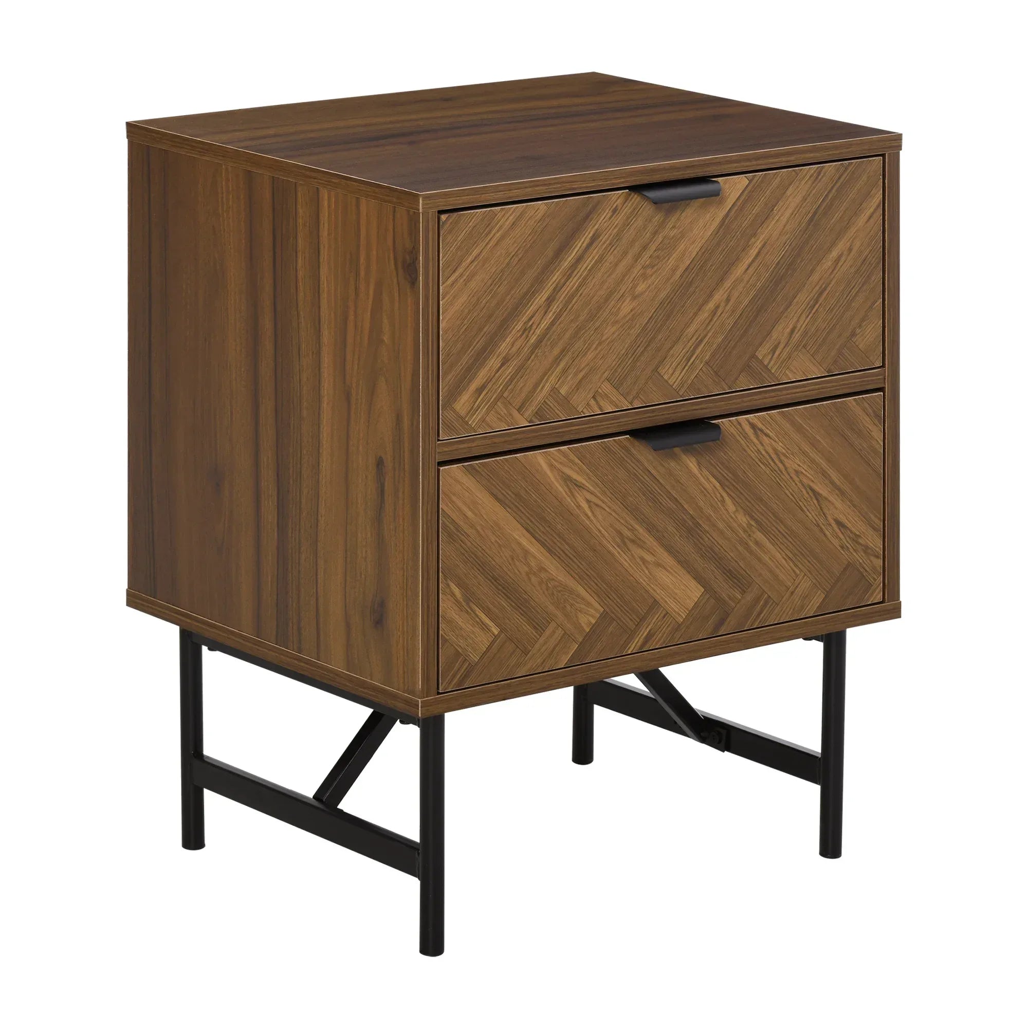 Bedside Table with Two Drawers, Side Cabinet Storage Unit with Metal Handles, Organisation Furniture for Living Room, Bedroom, Walnut Brown - Bobobiy