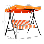 Orange 3-seater garden swing chair with striped cushion set and adjustable canopy, side view
