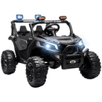Black 24V two-seater ride-on truck UTV with bright LED headlights, front 3/4 view