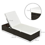 Brown rattan sun lounger with white cushion and labeled size measurements