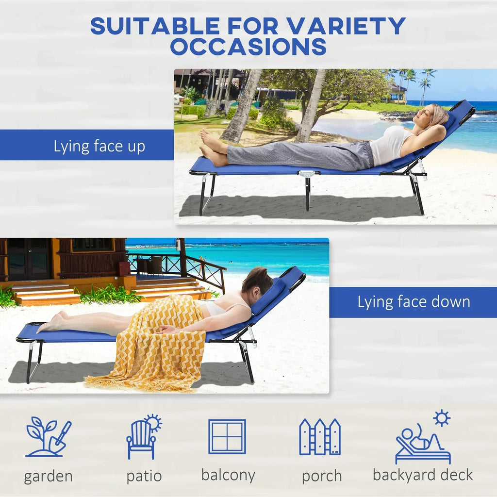 Folding Sun Loungers Set of 2 with Face Hole, 4-Position Adjustable Backrest Garden Recliner Chairs Sunbeds, Outdoor Lounge Chairs with 600 D Oxford Cloth Seat, Pillow for Beach, Blue - Bobobiy