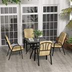Beige cushioned armchairs around a square outdoor dining table with dark tabletop