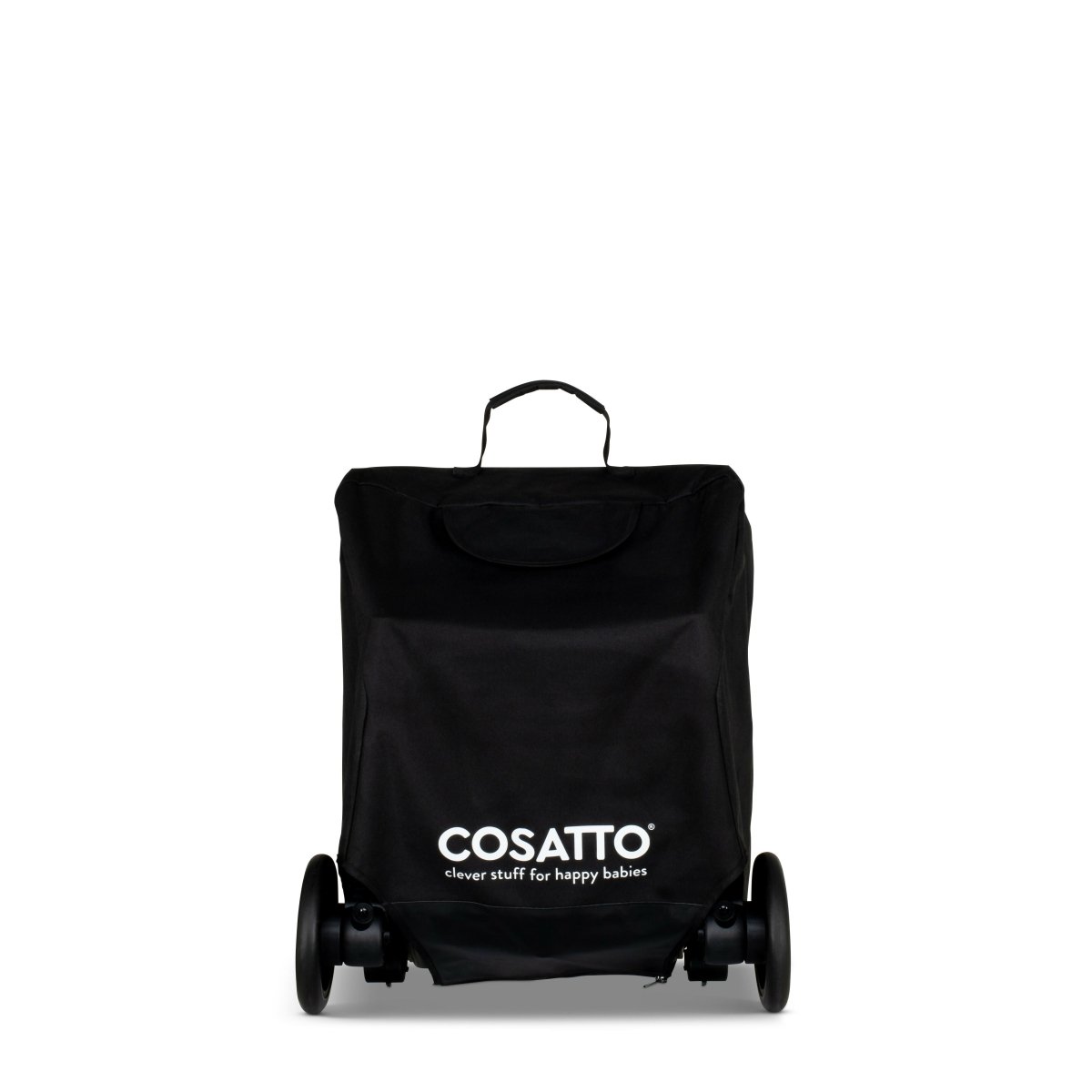 Black Cosatto stroller bag front view with carry handle and centered logo
