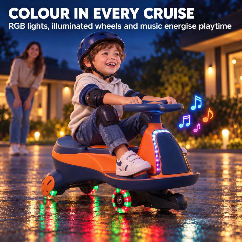Orange RGB electric wiggle car, child riding at night with glowing wheel lights
