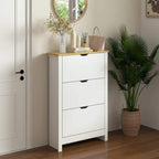 White narrow shoe cabinet with 3 flip drawers and a light wood top