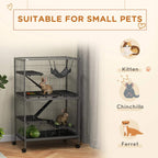 Grey wire small animal cage with hanging hammock, ramps, and open front panels.