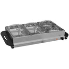 Silver 4-tray electric food warmer with clear inset warming pans and cool-touch handles