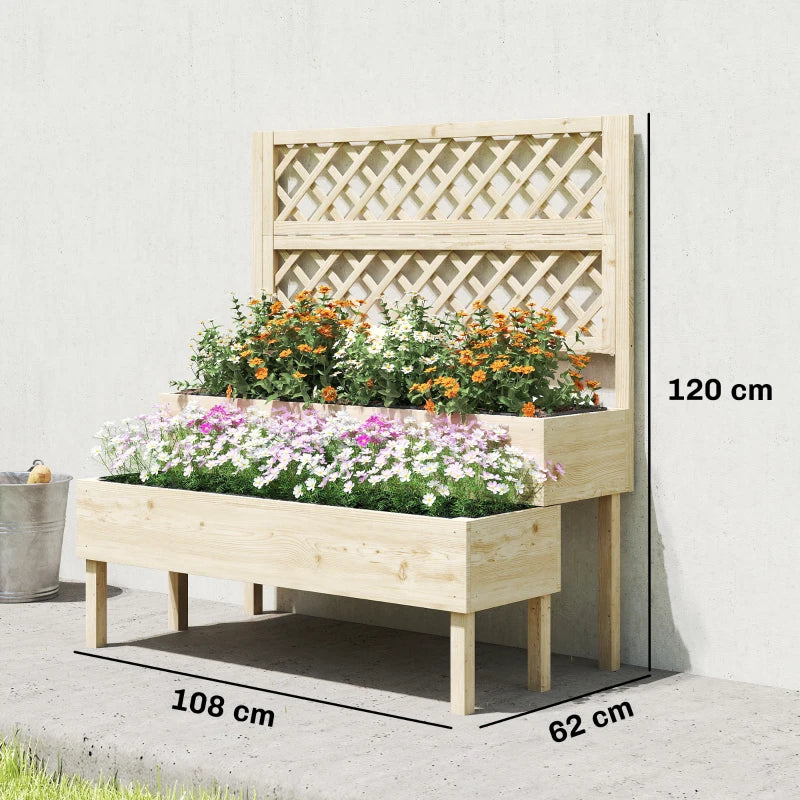 Two-tier wooden planter box with trellis backing and planted flowers