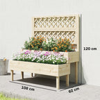 Two-tier wooden planter box with trellis backing and planted flowers