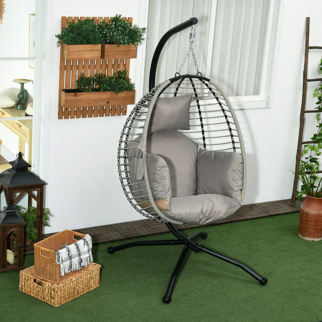 Single Rattan Hanging Egg Chair, with Seat Cushion - Grey - Bobobiy
