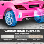 Pink kids ride-on car with glowing blue wheel lights and rear suspension detail