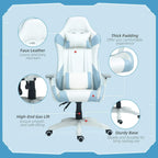 Light blue and white gaming chair with thick padding, gas lift, and sturdy five-star base.