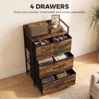 Rustic brown chest with black frame featuring four drawers and an upper open shelf