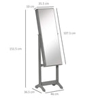 Grey full-length mirror jewelry cabinet with size dimensions shown