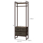 Dimensioned compact clothes rail with rustic brown frame and grey drawers