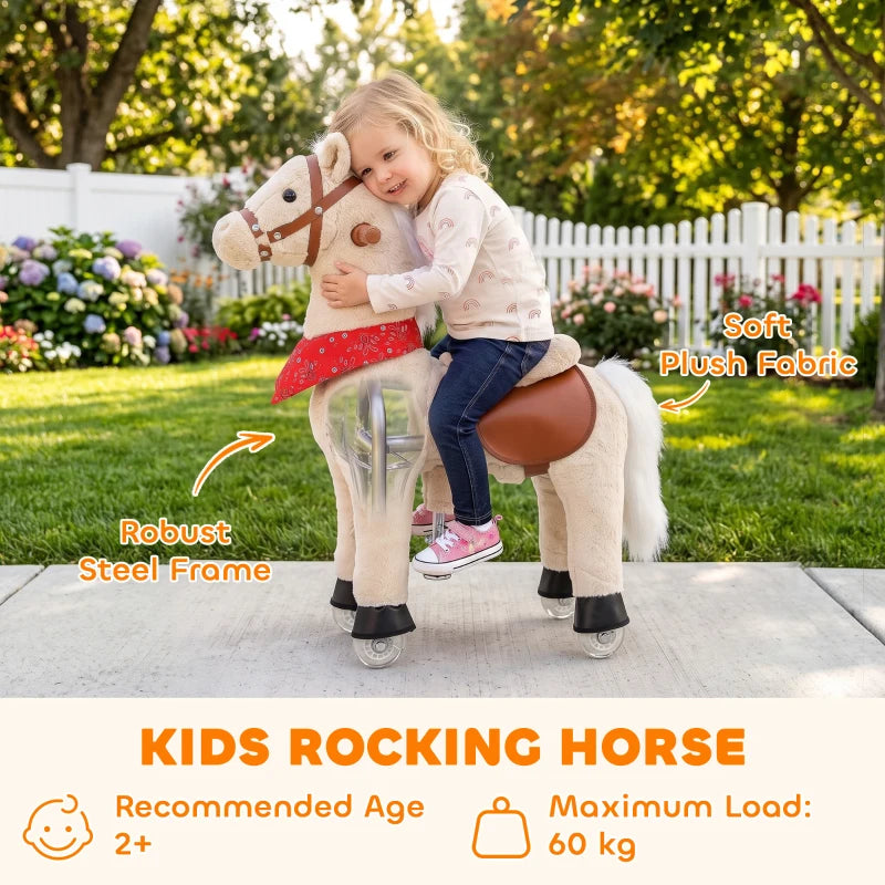 Light brown kids rocking horse toy with red skirt and brown saddle, plush mane
