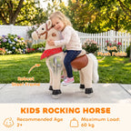 Light brown kids rocking horse toy with red skirt and brown saddle, plush mane