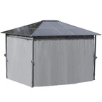 Grey hardtop gazebo with attached curtains around the sides and a sloped roof