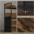 Rustic storage chest details: steel frame, curved drawer handles, adjustable foot pads