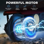 Electric scooter motor and front wheel with bright blue light effect, close-up.