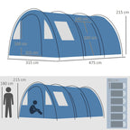 Blue tunnel camping tent diagram with two-room layout and size indicators
