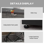 Grey PE rattan sun lounger details: side tray, adjustable feet pads, metal frame