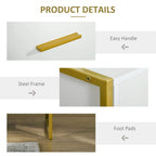 White bedside table detail: gold bar handle, steel frame and foot pads